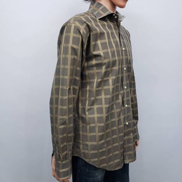 JOHNSTON & MURPHY Contrast Flip Cuff Neck Check Windowpane Dress Shirt Men L - Picture 6 of 12